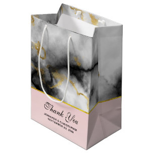 Sac Cadeau Moyen White Gray Marble with Gold Ribbon
