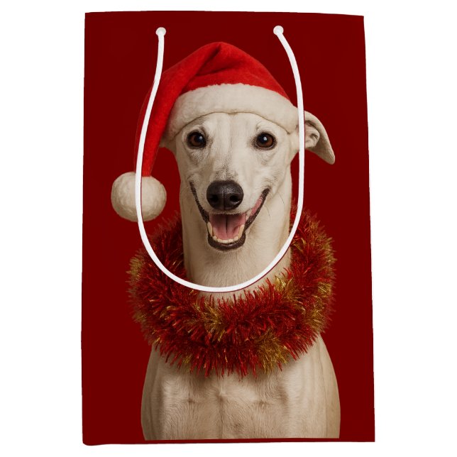 Sac Cadeau Moyen White whippet in Santa hat Christmas  (Devant)