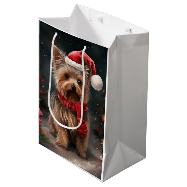 Sac Cadeau Moyen Yorkshire Terrier Dog dans la neige Noël (Devant Angle)