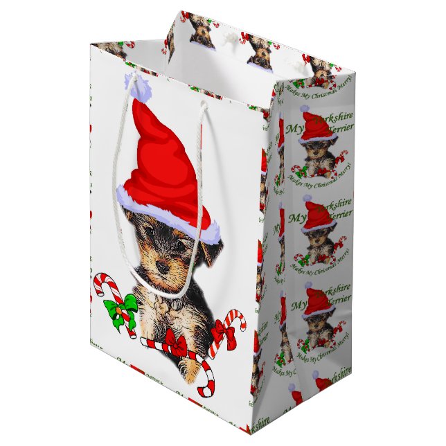 Sac Cadeau Moyen Yorkshire Terrier Noël (Devant Angle)