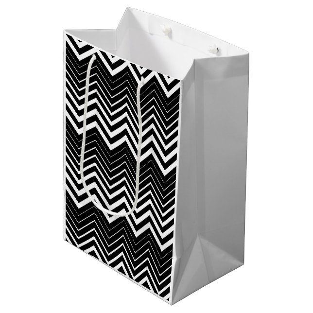 Sac Cadeau Moyen Zigzag noir et blanc Chevron (Devant Angle)