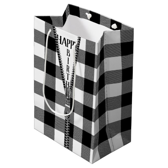 Sac Cadeau Moyen Zipper Anniversaire Sur Buffalo Plaid (Devant Angle)
