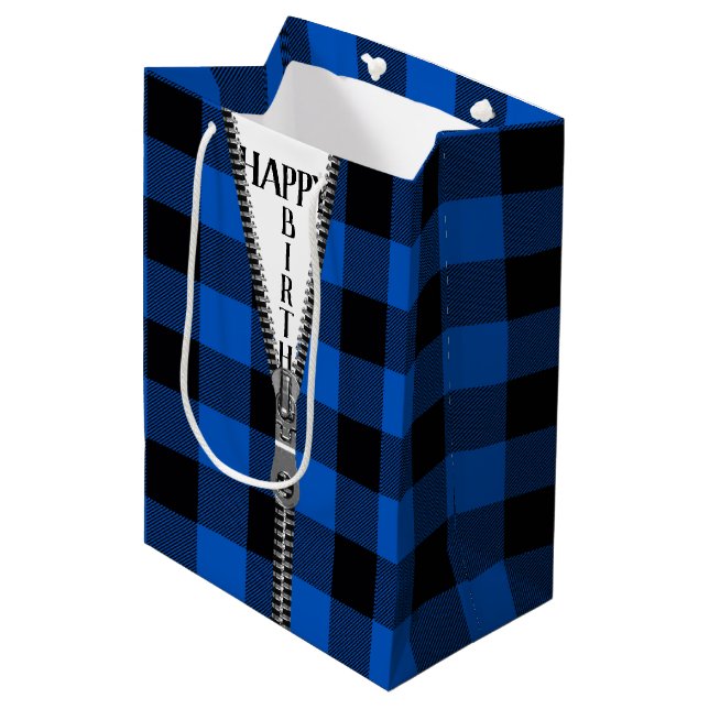 Sac Cadeau Moyen Zipper Anniversaire Sur Buffalo Plaid (Devant Angle)