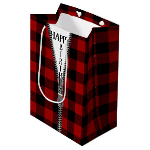 Sac Cadeau Moyen Zipper Anniversaire Sur Buffalo Plaid