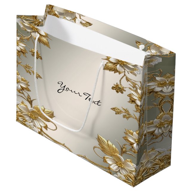 Sac cadeau Ornate Or Floral Blanc (Devant Angle)
