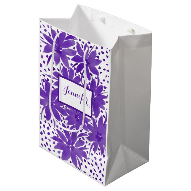 Sac Cadeau Personnalisé Moyen Floral Design Purple (Devant Angle)