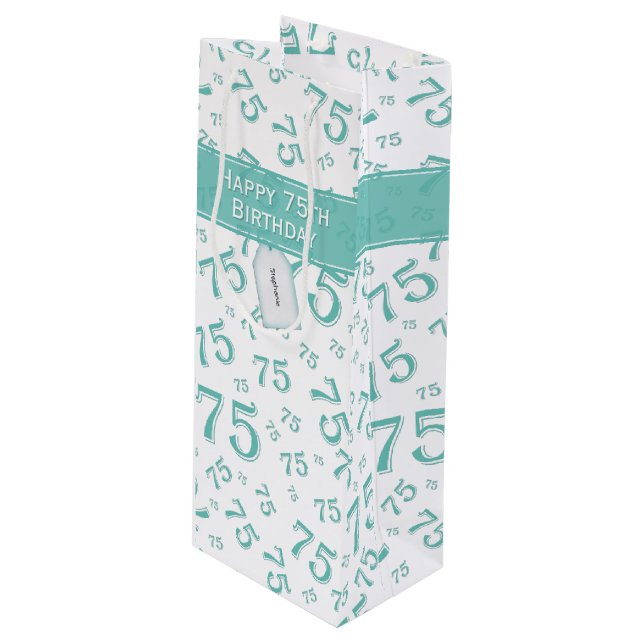 Sac Cadeau Pour Bouteille 75e Joyeux anniversaire Turquoise/Motif numérique  (Devant Angle)