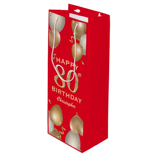 Sac Cadeau Pour Bouteille 80e Anniversaire des Ballons Rouge et Or (Devant Angle)