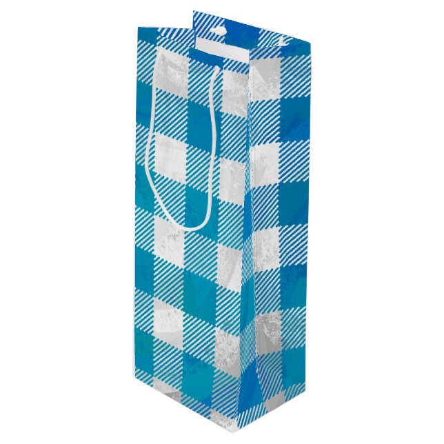 Sac Cadeau Pour Bouteille à damiers Buffalo Plaid bleu et blanc (Devant Angle)