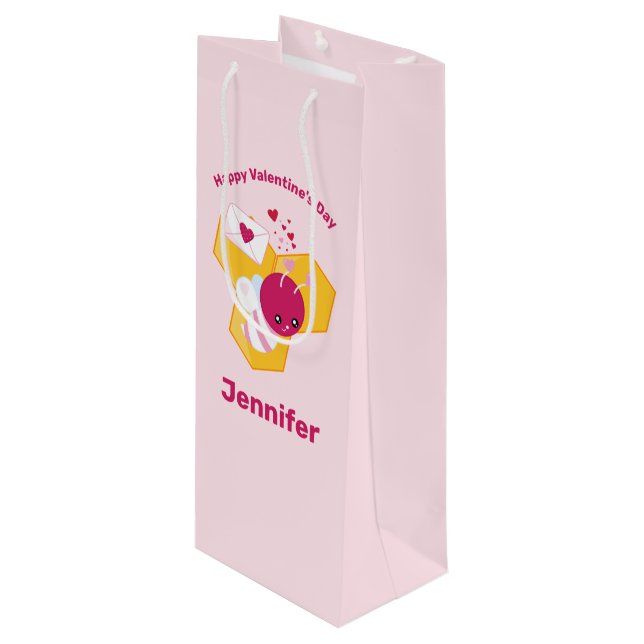 Sac Cadeau Pour Bouteille Abeille mignonne aux Coeurs de Saint-Valentin rose (Devant Angle)
