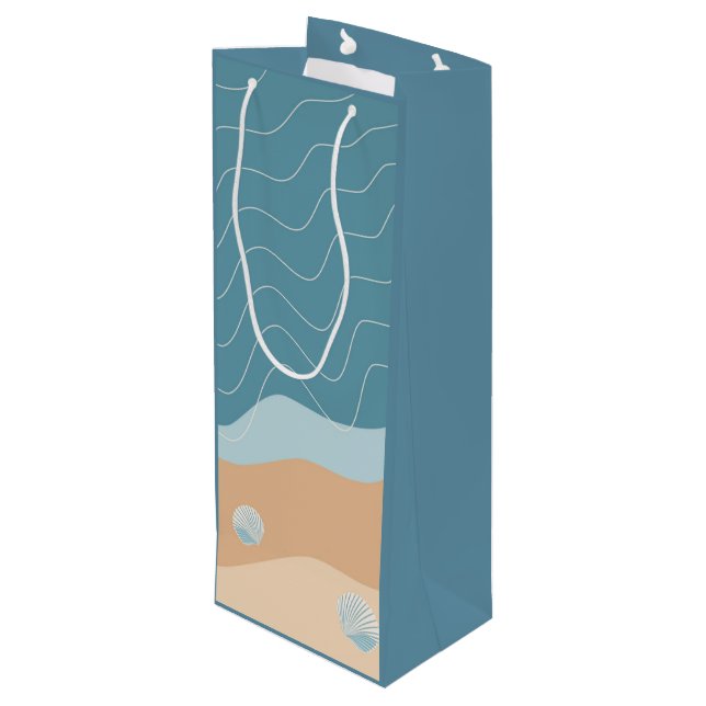 Sac Cadeau Pour Bouteille Abstrait Beach Motif Wave Lines Blue Sand Shells (Dos Angle)