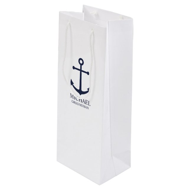 Sac Cadeau Pour Bouteille Ancre Bleue marine Nautique Groomsmen personnalisé (Devant Angle)
