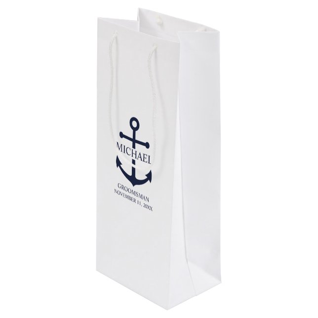 Sac Cadeau Pour Bouteille Ancre Bleue marine Nautique Groomsmen personnalisé (Devant Angle)