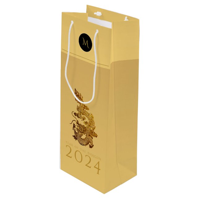 Sac Cadeau Pour Bouteille Année Dragon Chinoise 2024 Elégant Monogramme WGB (Devant Angle)