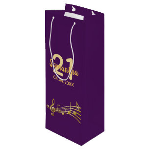 Sac Cadeau Pour Bouteille Anniversaire fête violet or musique notes nom