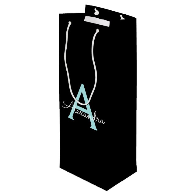 Sac Cadeau Pour Bouteille Aqua Teal Blue Script Girly Monogram (Dos Angle)
