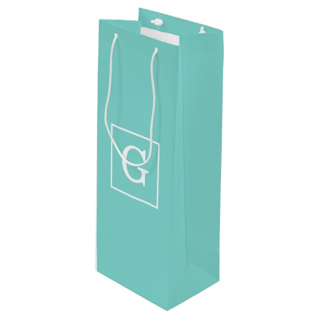 Sac Cadeau Pour Bouteille Aqua Turquoise White Framed Initial Monogram (Devant Angle)