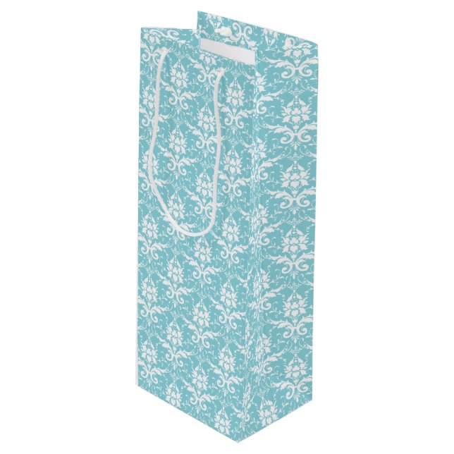 Sac Cadeau Pour Bouteille Aqua & White Damask Imprimer Vin Cadeau (Devant Angle)