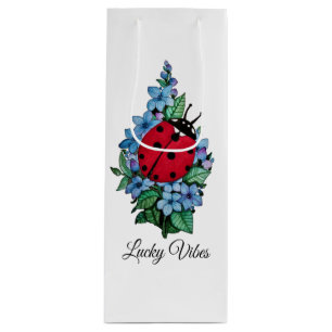 Sac Cadeau Pour Bouteille Aquarelle Cute Ladybird Avec Fleurs Bleues Sauvage