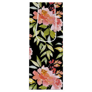 Sac Cadeau Pour Bouteille Aquarelle rouge florale sur noir