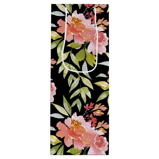 Sac Cadeau Pour Bouteille Aquarelle rouge florale sur noir (Devant)