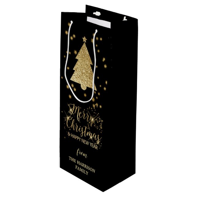 Sac Cadeau Pour Bouteille Arbre de Noël en or noir (Devant Angle)