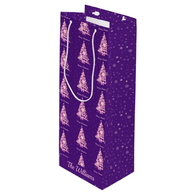 Sac Cadeau Pour Bouteille Arbre de Noël rose moderne Nom personnalisé Purple (Devant Angle)