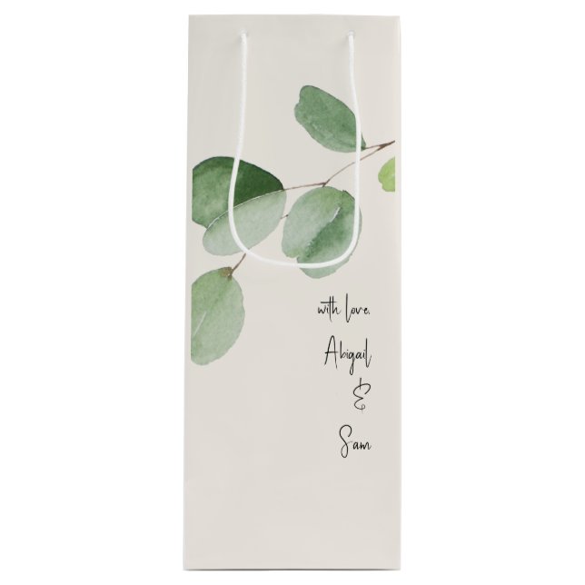 Sac Cadeau Pour Bouteille Avec Amour, Noms Personnalisés Eucalyptus Mariage  (Devant)