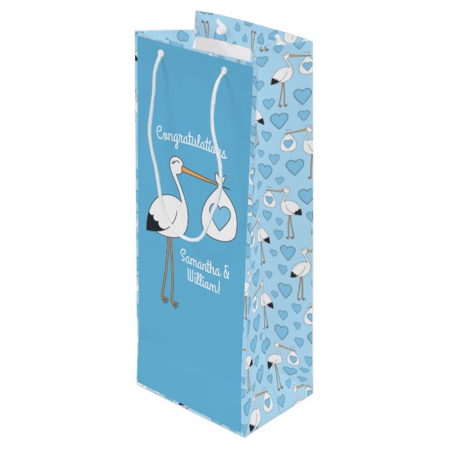 Sac Cadeau Pour Bouteille Baby shower cigogne bleu garçon (Dos Angle)