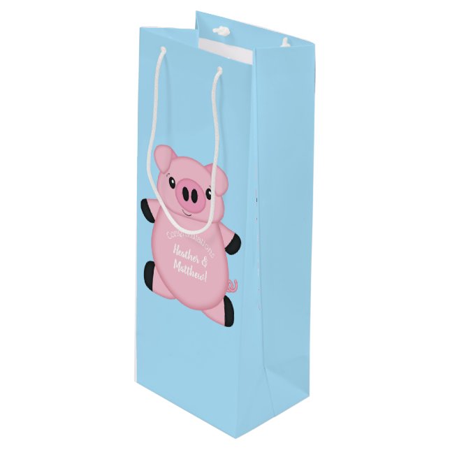 Sac Cadeau Pour Bouteille Baby shower de cochon bleu (Devant Angle)