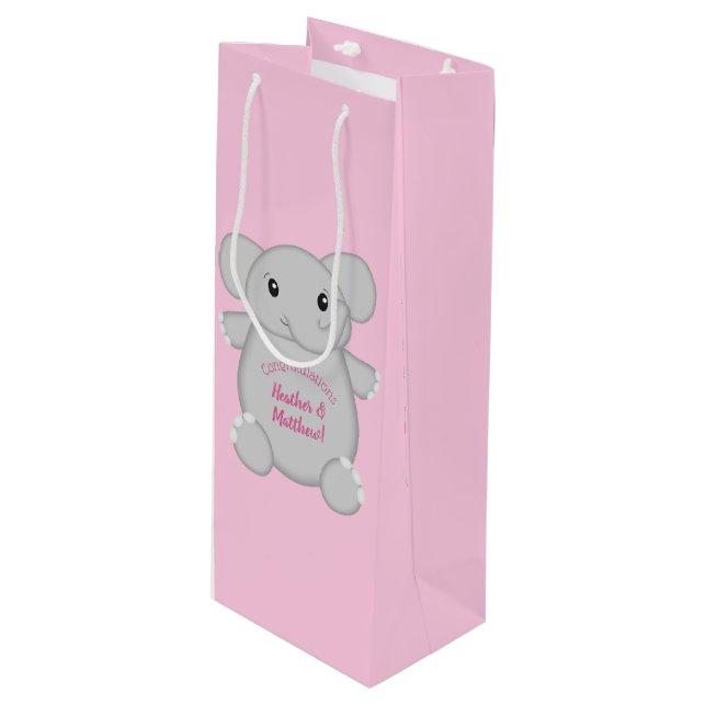 Sac Cadeau Pour Bouteille Baby shower d'éléphant rose (Devant Angle)