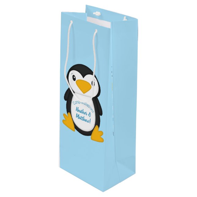 Sac Cadeau Pour Bouteille Baby-Shower Pingouin Bleu (Devant Angle)