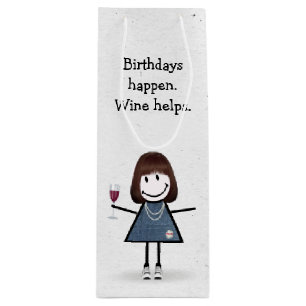 Sac Cadeau Pour Bouteille Baguette Anniversaire Figurine fille avec vin roug