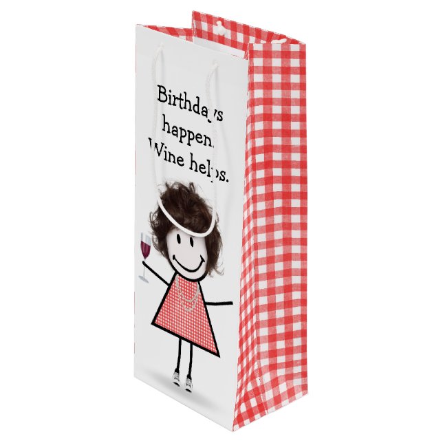 Sac Cadeau Pour Bouteille Baguette d'anniversaire Figure Girl avec vin rouge (Devant Angle)