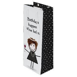 Sac Cadeau Pour Bouteille Baguette d'anniversaire Figure Girl avec vin rouge