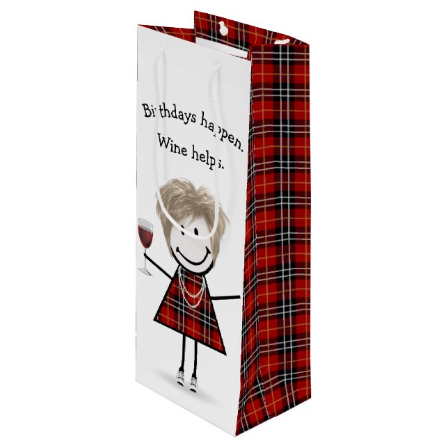 Sac Cadeau Pour Bouteille Baguette d'anniversaire Figure Girl avec vin rouge (Devant Angle)