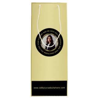 Sac Cadeau Pour Bouteille Black & gold design, Logo or Photo in gold circle,