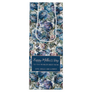 Sac Cadeau Pour Bouteille Bleu peony motif floral Joyeuse fête des mères