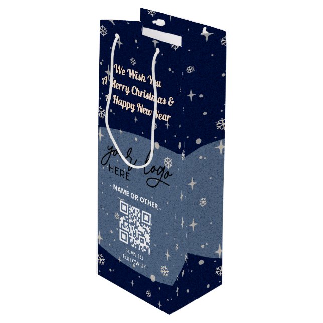 Sac Cadeau Pour Bouteille Blue Christmas Business Logo QR Snowflake (Devant Angle)