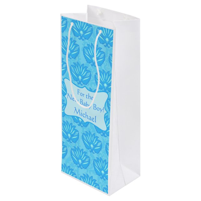 Sac Cadeau Pour Bouteille Blue Damask Baby Boy Nom Personnalisé (Dos Angle)