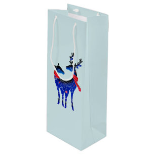 Sac Cadeau Pour Bouteille Blue Nordic Christmas Reindeer Pair