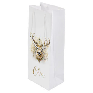 Sac Cadeau Pour Bouteille Cerf de glitterie or et diamant