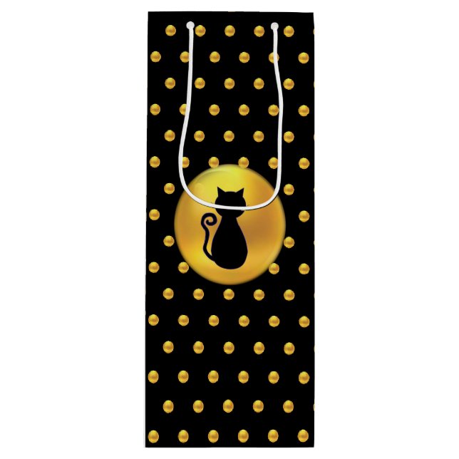 Sac Cadeau Pour Bouteille Chat noir et Pois d'or (Devant)