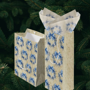 Sac Cadeau Pour Bouteille Chinoiserie Bleue Blanche Vintage Couronne Damassé