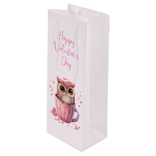 Sac Cadeau Pour Bouteille Chouette rose mignonne en coupe Saint-Valentin