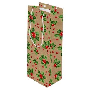 Sac Cadeau Pour Bouteille Classic Holiday Green Holly Red Berries