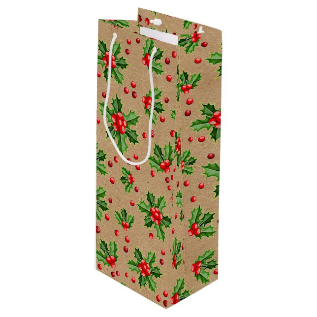 Sac Cadeau Pour Bouteille Classic Holiday Green Holly Red Berries (Devant Angle)