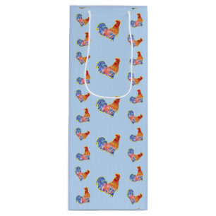 Sac Cadeau Pour Bouteille Cockerel Rooster Rouge Drôle et Zones Bleues et Bl