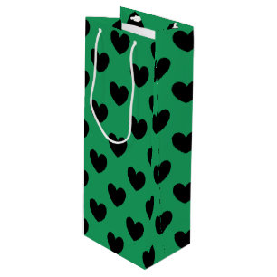 Sac Cadeau Pour Bouteille Coeurs de polka noir sur Kelly green