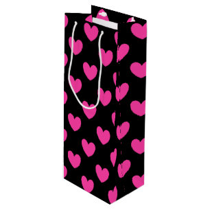 Sac Cadeau Pour Bouteille Coeurs de polka rose Fuchsia sur noir